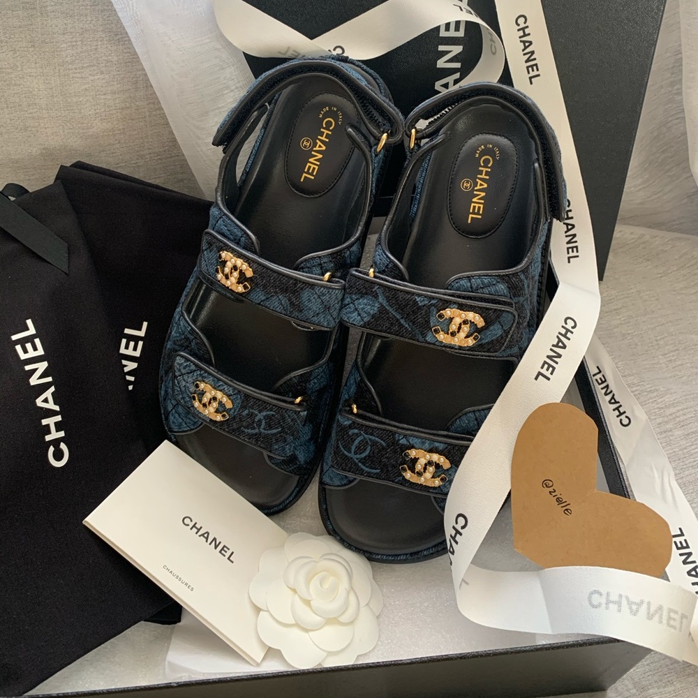 Chanel 2021 Quilted CC Logo Dad Sandals Denim 37.5